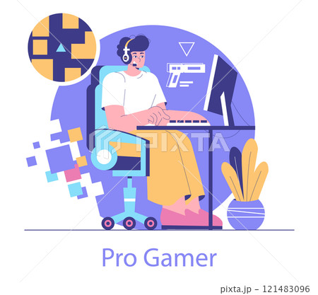 Esport concept. A focused gamer engages in competitive gaming from a vibrant home setup. Dedicated esports atmosphere with modern equipment. Vector illustration. Esport concept. A focused gamer engages in competitive gaming from a vibrant home setup. Dedicated esports atmosphere with modern equipment. Vector illustration. 121483096