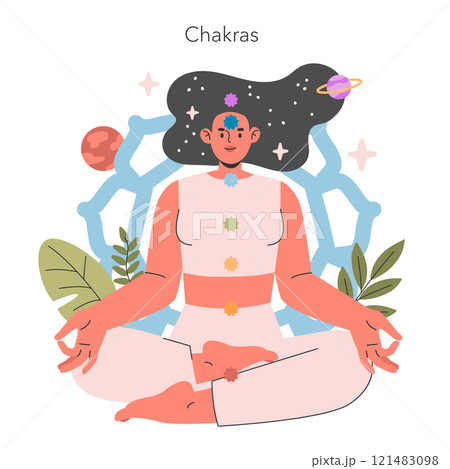 Spiritual Practices concept. Illustration of a person meditating with chakras aligned and cosmic elements, symbolizing inner peace and balance. Vector illustration. 121483098
