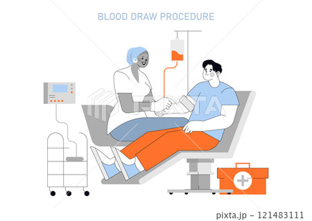Blood Donor Day illustration. A nurse assists a patient during a blood draw procedure. Medical care and volunteerism in health services. Vector illustration. Blood Donor Day illustration. A nurse assists a patient during a blood draw procedure. Medical care and volunteerism in health services. Vector illustration. 121483111