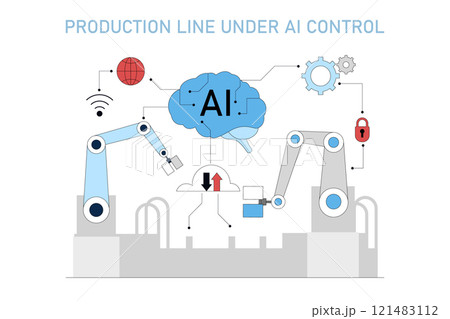 Production Automation concept. Smart factory with AI-controlled robotic arms on the assembly line. Efficient manufacturing process. Vector illustration. Production Automation concept. Smart factory with AI-controlled robotic arms on the assembly line. Efficient manufacturing process. Vector illustration. 121483112