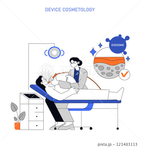 Exosome therapy concept. Skincare specialist using device cosmetology for facial treatment with focus on exosome rejuvenation method. Vector illustration. Exosome therapy concept. Skincare specialist using device cosmetology for facial treatment with focus on exosome rejuvenation method. Vector illustration. 121483113