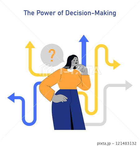 Women Leaders concept. Strategic decision-making scene with contemplative female figure and choice pathways. Corporate leadership challenges. Vector illustration. 121483132