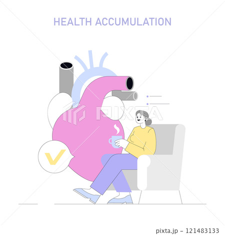 Dry January concept. Illustration of a person abstaining from alcohol, symbolized by a large pink heart with a padlock. Rest, wellness, and self-care focus. Vector illustration. 121483133