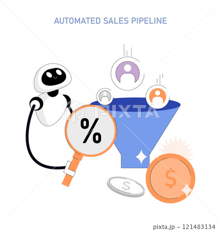 Business automation concept. A robot optimizing the sales funnel to enhance efficiency and increase revenue. Streamlined workflow represented visually. Vector illustration. 121483134