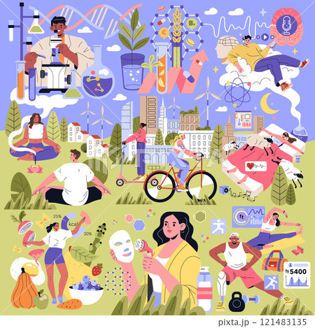 Biohacking concept. A diverse collection of activities embracing genetic experiments, meditation, cycling, and nutrition for wellness. Vector illustration. 121483135
