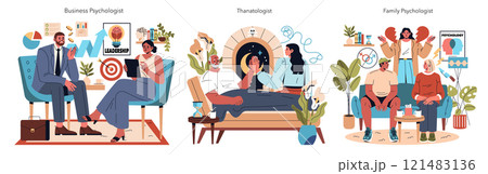 An illustration of therapy sessions between mental health professionals and clients, showcasing diverse approaches 121483136