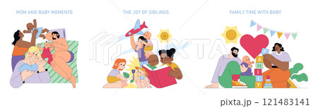 Baby's First Year set. Capturing precious moments with mom, playful sibling interactions, and cozy family bonding times. Vector illustration. 121483141