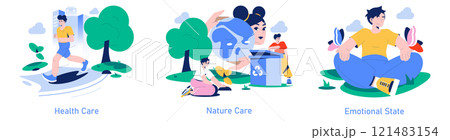 Care Day set. Portraying well-being through health, environmental responsibility, and emotional balance. Illustrates self-care, nature preservation, and serenity. Vector illustration. 121483154