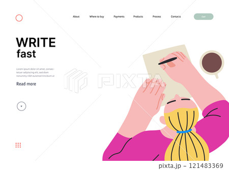 Writing people, modern flat vector concept illustration- sitting woman thoughtfully writing on paper, top view. Metaphor for reflection, insight, contemplation, creative expression 121483369