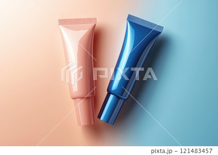 Two packaging beauty cosmetic tubes , blue, pink, peach isolated mockup template 121483457