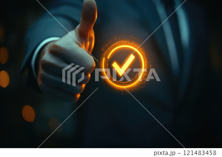 Businessman showing thumbs up, approval, symbol of honesty and trust, check sign 121483458