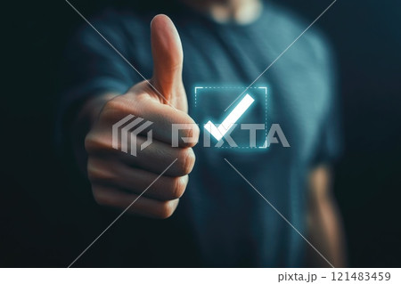 Businessman showing thumbs up, approval, symbol of honesty and trust, check sign 121483459