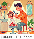 自宅で子供の髪を切る父親のイラスト 121483880