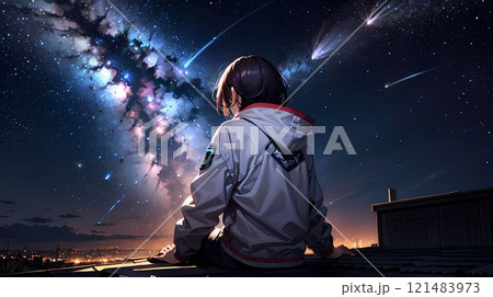 星空に広がる宇宙と彗星を眺める青年 星空に広がる宇宙と彗星を眺める青年 121483973