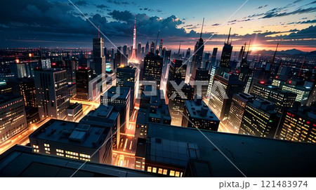 煌めく都市の夜景と近未来的な高層ビル群	 121483974