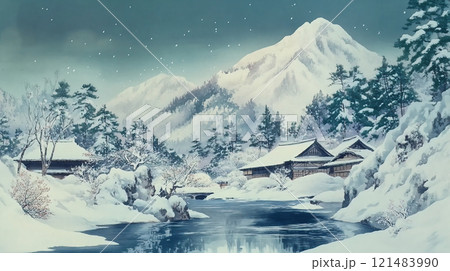 静寂な雪山と伝統的な日本家屋が描かれた浮世絵風冬景色のイラスト素材
