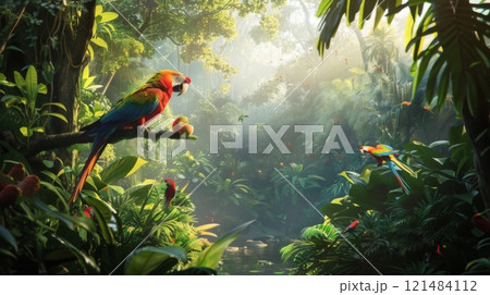 Two parrots are perched on a branch in a lush green jungle Two parrots are perched on a branch in a lush green jungle 121484112