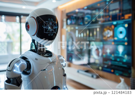 Advanced humanoid robot analyzing digital data on screens 121484183