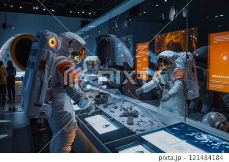 Astronauts exploring lunar samples in space research lab 121484184