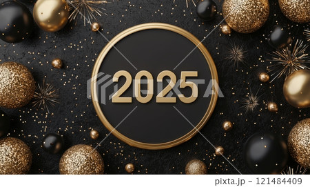 A black and gold background with a gold circle with the number 25 in gold 121484409