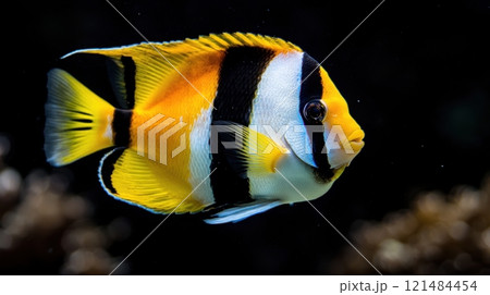 A fish with a yellow and black stripe swims in the water 121484454