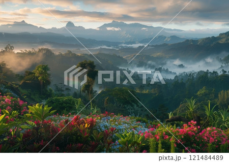 Misty Mountain Morning with Vibrant Floral Foreground 121484489