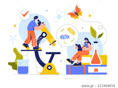 Biology Vector Illustration featuring DNA Gene Molecule, Virus, Genetic Biotechnology, Chemistry, Genome, and Science in a Flat Style Background 121484658
