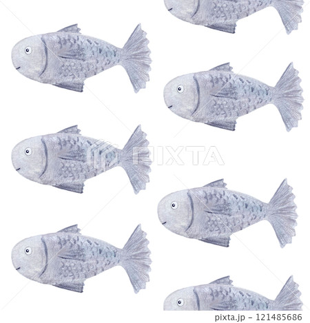 Silver fish seamless pattern isolated on white. High quality hand-drawn watercolor pencil flat illustration for notebooks, wrapping paper, fishing, packaging, cards, tourism, logo and decoration Silver fish seamless pattern isolated on white. High quality hand-drawn watercolor pencil flat illustration for notebooks, wrapping paper, fishing, packaging, cards, tourism, logo and decoration 121485686