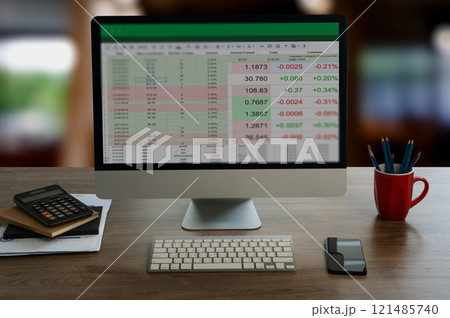 spreadsheet man working with data and graphs Microsoft Excel project dashboard on computer 121485740