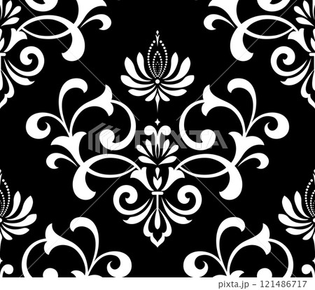 Wallpaper in the style of Baroque. Seamless vector background. White and black floral ornament. Graphic pattern for fabric, wallpaper, packaging. Ornate Damask flower ornament. 121486717
