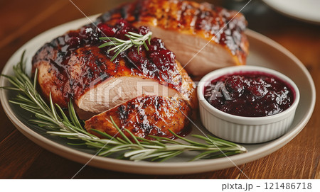 roasted turkey steak with cranberry sauce 121486718