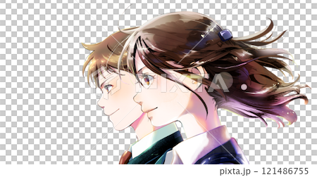 Profile illustration of working men and women, individual figures (including the top of the head), side by side, woman in front, no season, no background, Profile illustration of working men and women, individual figures (including the top of the head), side by side, woman in front, no season, no background, 121486755