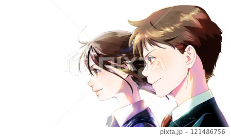 横顔の社会人女性イラスト人物単体（頭頂部まであり）、横並び、男性手前、無季、背景なし, 121486756