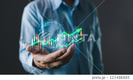 Business online digital market management. man hold graphs to report and progress of business and analyze finances, and investments. Use technology to plan strategy to success goals and growth stock. 121486885