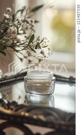 Cosmetic cream in a glass jar. Skin care concept. Background for beauty products 121487330