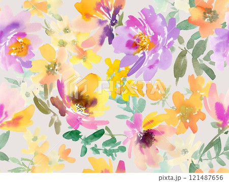 水彩で描いた抽象的な紫の芍薬と草花のシームレスパターン 121487656