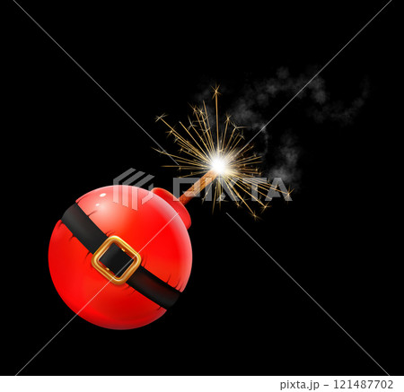 Red Christmas ball decorated Santa Claus belt realistic bomb with burning fuse, emitting sparks. ready for explode, Isolated. lit wick creating a sense of imminent explosion. 121487702
