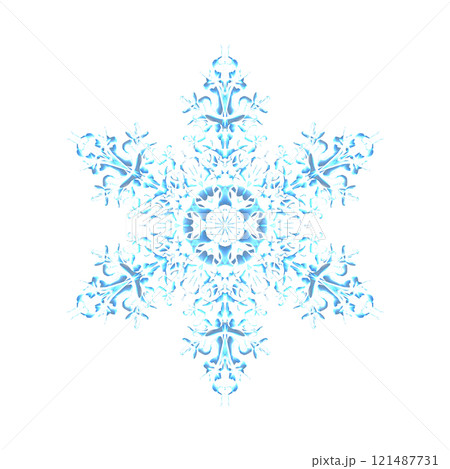 Blue glowing transparent snowflake, isolated icon. Merry Christmas and Happy New Year. Simple neon light. Shining winter, xmas lamp. Fluorescent, luminescent illumination. Png 121487731