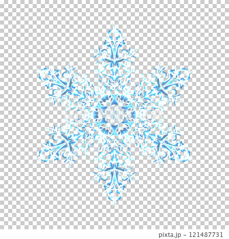Blue glowing transparent snowflake, isolated icon. Merry Christmas and Happy New Year. Simple neon light. Shining winter, xmas lamp. Fluorescent, luminescent illumination. Png 121487731
