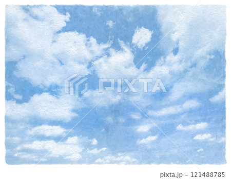 手漉きの和紙で描いた、凹凸感のある青い空と白い雲 手漉きの和紙で描いた、凹凸感のある青い空と白い雲 121488785