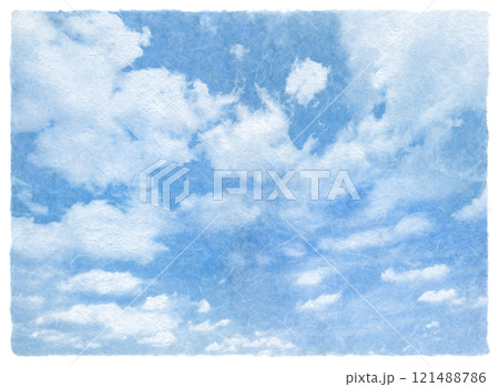 手漉きの和紙で描いた、凹凸感のある青い空と白い雲 121488786