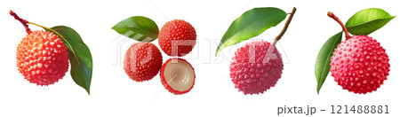 Fresh lychee fruits with leaves on transparency background 121488881