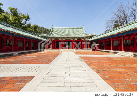 Building view of the Koxinga Shrine(Yanping Junwang Temple) in Tainan, Taiwan, is the only Fujianese-style shrine in Taiwan. Building view of the Koxinga Shrine(Yanping Junwang Temple) in Tainan, Taiwan, is the only Fujianese-style shrine in Taiwan. 121489137