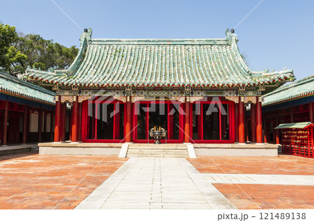 Building view of the Koxinga Shrine(Yanping Junwang Temple) in Tainan, Taiwan, is the only Fujianese-style shrine in Taiwan. 121489138