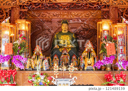 The main hall of the Yanping Junwang Temple in Tainan, Taiwan, enshrines statues of Koxinga. is the only Fujianese-style shrine in Taiwan. The main hall of the Yanping Junwang Temple in Tainan, Taiwan, enshrines statues of Koxinga. is the only Fujianese-style shrine in Taiwan. 121489139