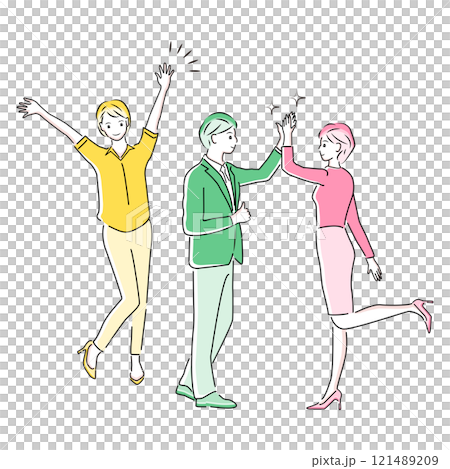 ハイタッチして喜び合うビジネスパーソンのイラスト ハイタッチして喜び合うビジネスパーソンのイラスト 121489209
