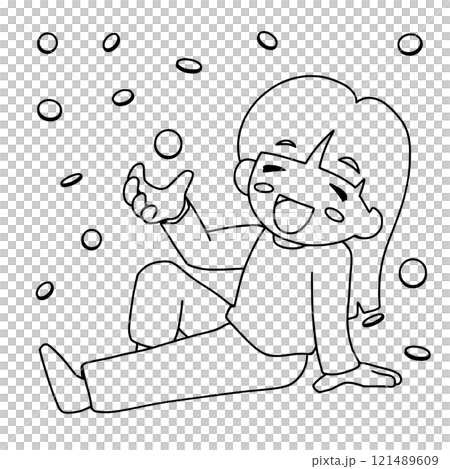 An excited woman surrounded by coins - Line drawing An excited woman surrounded by coins - Line drawing 121489609