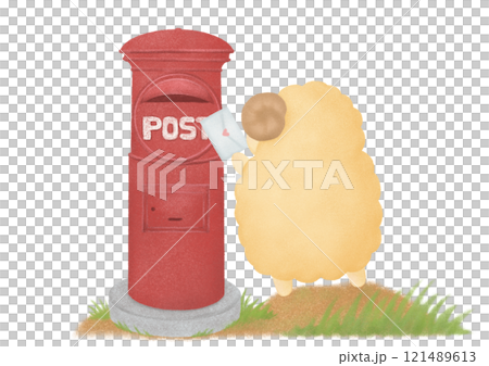 Illustration of a sheep delivering a letter to a mailbox 121489613