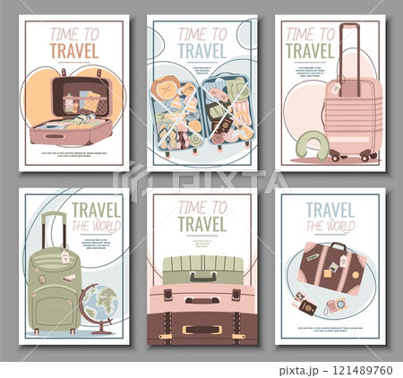 Set of tourist flyers. Posters with suitcase, globe, tickets, passport and camera. Travel around the world, summer vacation. Banners for travel agency Set of tourist flyers. Posters with suitcase, globe, tickets, passport and camera. Travel around the world, summer vacation. Banners for travel agency 121489760