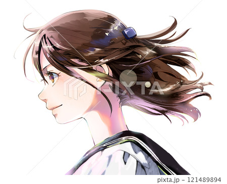 横顔の女学生カラーイラスト(頭頂部まであり)、背景なし 横顔の女学生カラーイラスト(頭頂部まであり)、背景なし 121489894